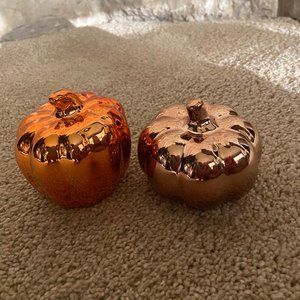 2 orange and gold ceramic mini pumpkins